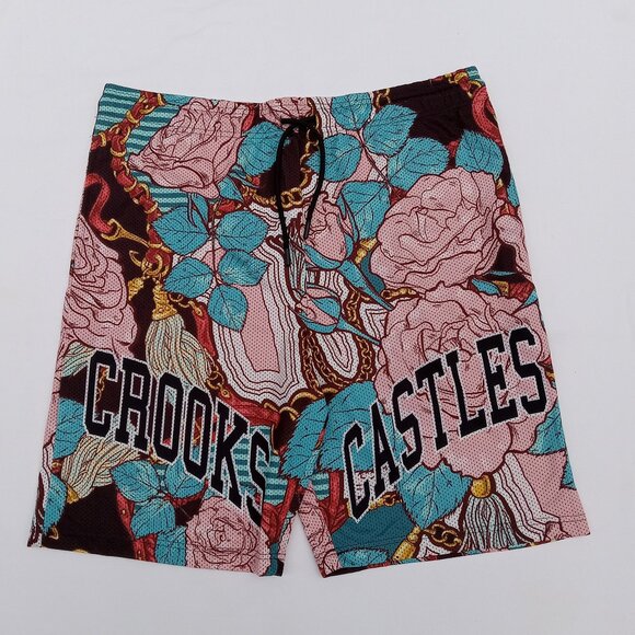 NWT Mens CROOKS & CASTLES Gym Shorts 3XL Pink Roses Turquoise Elastic Waist - Picture 14 of 14